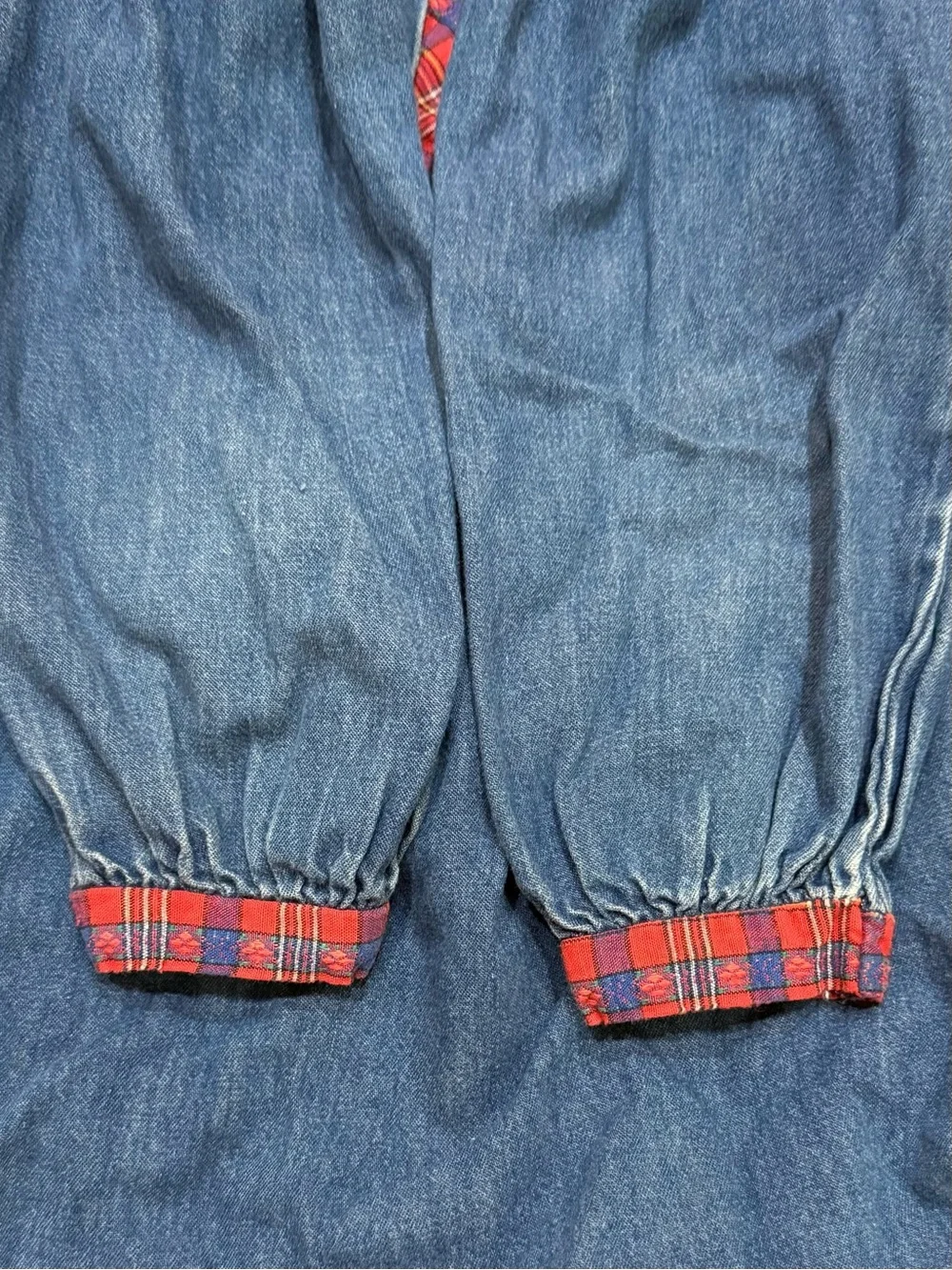 Vintage 80s 90s OSHKOSH Denim Jean Dress Girls Size 5 Plaid Collar MADE IN USA